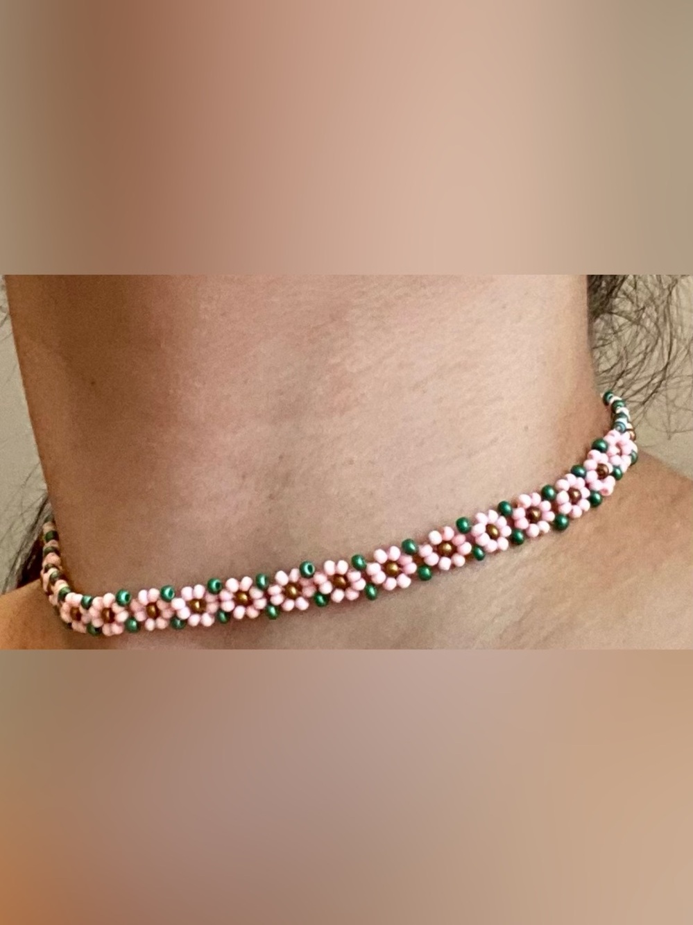 Handmade Pink and Green Beaded Flower Choker Necklace